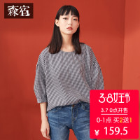 森宿Y纯棉衬衣春装2018文艺休闲圆领套头格子衬衫女A8101006
