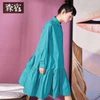 森宿Y中长款裙子春装2018文艺拼接碎褶裙摆纯棉宽松连衣裙女C