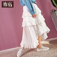 森宿Y白色A字裙春装2018新款不对称荷叶边纯棉半身裙中长款女A