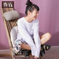 森宿Y纯棉白色T恤女夏装2018文艺简约字母刺绣宽松长袖T恤女C