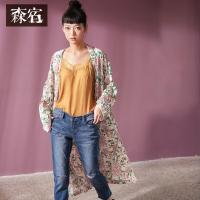 森宿Y长袖雪纺衫春装2018新款文艺碎花系带侧开衩宽松雪纺衫女C