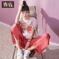 森宿Y纯棉短袖打底衫夏装2018文艺趣味印花图案落肩袖T恤女A