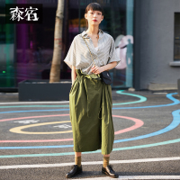 森宿Y纯棉高腰裙夏装2018新款文艺复古chic束腰前开衩半身裙女M