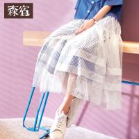 森宿Y长款仙女群夏装2018新款文艺ins条纹网纱蓬蓬半身裙女M