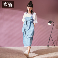 森宿Y牛仔吊带裙夏装2018新款文艺纯棉不对称裙摆牛仔连衣裙女J
