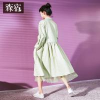 森宿Y中长款A型裙夏装2018文艺ins半开式襟长袖连衣裙女M