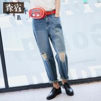森宿Y夏装2018文艺破洞水洗毛边宽松牛仔裤女J