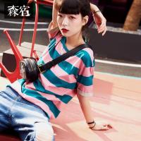 森宿Y夏装2018新款文艺撞色条纹短袖T恤女J