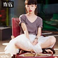 森宿Y夏装2018新款文艺简约纯色V领T恤K