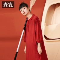 森宿Y九分袖红色长裙ins夏装2018文艺polo领宽松连衣裙女J