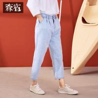 森宿Y浅蓝色夏装2018新款ulzzang文艺复古水洗收褶宽松牛仔裤女J