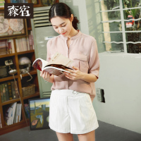 休闲短裤夏装文艺复古经典条纹宽松阔腿休闲裤女