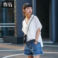 森宿Y白色衬衣漏锁骨夏装2018新款ins复古都市纯色短袖衬衫女M
