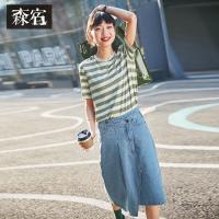 森宿Y薄款条纹t夏装2018新款文艺休闲复古港风ins柔软短袖T恤女M
