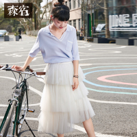 森宿Y文艺撞色边上衣夏装2018新款前短后长套头宽松短袖针织衫女M