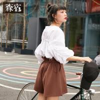 森宿Y文艺后背松紧抽褶上衣夏装2018新款宽松纯色青春长袖T恤女M