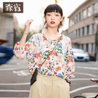 森宿Y文艺蕾丝拼接印花上衣夏装2018新款圆领长袖碎花雪纺衬衫女J