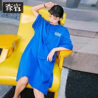 森宿Y蓝色运动风中长裙夏装2018新款ins超火连帽短袖连衣裙女J