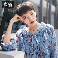 森宿Y蓝色碎花甜美上衣夏装2018新款ins超仙清新印花雪纺衫女J