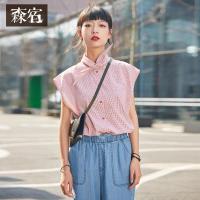 森宿Y学院风衬衣夏装2018新款ins超火蝴蝶结领格纹短袖衬衫女J