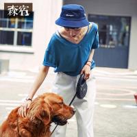 森宿Y复古蓝色潮t夏装2018新款ins休闲细带宽松V领短袖T恤女K