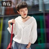 森宿Y白色淑女衬衣ins夏装2018新款镂空蕾丝拼接宽松衬衫女J