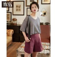 森宿Y夏装2018新款棉麻ins超火裤子韩版直筒收褶阔腿短裤女K