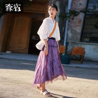 森宿Y夏装2018新款纯棉ins超火裙子仙女网纱拼接格子中长裙女J