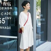 森宿Y夏装2018新款ins超火仙女花边装饰后背V领七分袖连衣裙女J