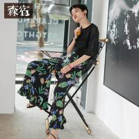 森宿Y夏装2018新款ins超火韩版裤子宽松雪纺印花阔腿长裤女M