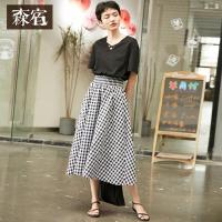 森宿Y夏季2018新款文艺格纹拼接短袖连衣裙K