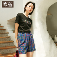 森宿Y夏季2018新款文艺撞色格纹休闲短裤J