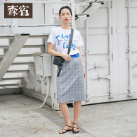 森宿Y休闲格纹长裙子夏装2018新款中长款宽松A字裙复古半身裙女M