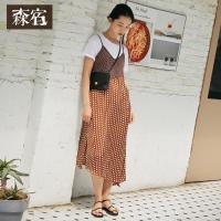 森宿Y宽松波点V领连衣裙女夏装2018新款中长款a字裙吊带连体裙子M