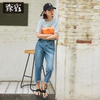森宿Y阔腿牛仔裤女夏装2018新款不规则九分宽松直筒显瘦女裤子K