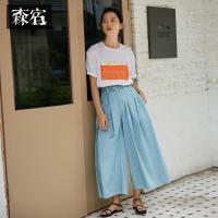 森宿Y高腰系带宽松牛仔裤女夏装2018新款ins休闲阔腿裤背带裤子M