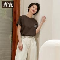 森宿Y休闲圆领短袖T恤女夏装2018新款ins宽松趣味刺绣体恤上衣K