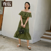 森宿Y性感一字肩裙子夏装2018新款纯棉中长款荷叶边蕾丝连衣裙女J