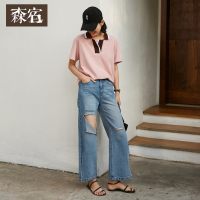 森宿Y破铜长裤子夏装2018新款百搭刺绣宽松侧开衩直筒牛仔裤女J