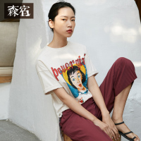 森宿宽松白色纯棉短袖T恤女Y夏装2018新款休闲海报画印花体恤J