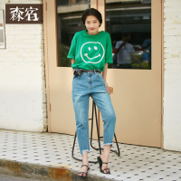 森宿Y休闲圆领体恤上衣夏装2018新款宽松刺绣笑脸短袖T恤女J