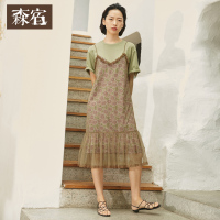 森宿 浪漫障眼法 夏装文艺网纱吊带两件套短袖连衣裙