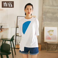 森宿 简约几何 秋装文艺不规则拼接撞色T恤