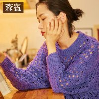 森宿原味华夫饼秋装文艺网眼镂空短款套头毛衣