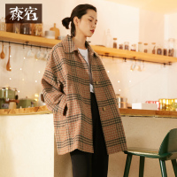 森宿英伦钟声秋装文艺经典格纹中款毛呢外套
