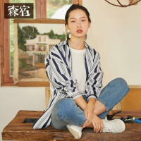 Sam’sTree/森宿森宿维也纳地铁秋装文艺条纹单口袋长袖衬衫