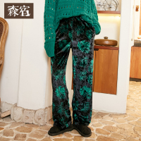 森宿丝绒丛林秋装文艺丝绒松紧腰长裤