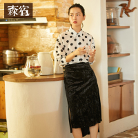 森宿Y黑色不规则丝绒半身裙女秋装2018中长款过膝显瘦半裙子