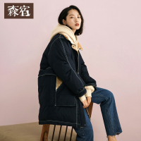 森宿Y秋装2018新款文艺丝绒拼接中长款羽绒服