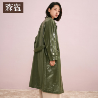 森宿Y秋装2018新款文艺纯色亮面皮质系带风衣